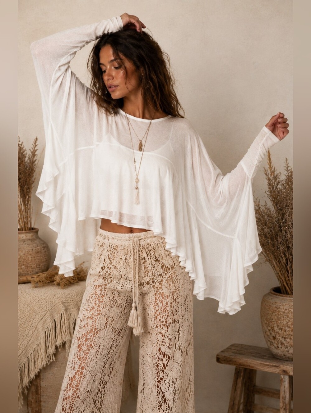 Boohoo White Sheer Mesh Ruffle Batwing Boho Crop Top US 10